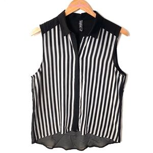FCNY Sleeveless Striped black and white sheer Hi-Low Blouse, Size M, NWOT